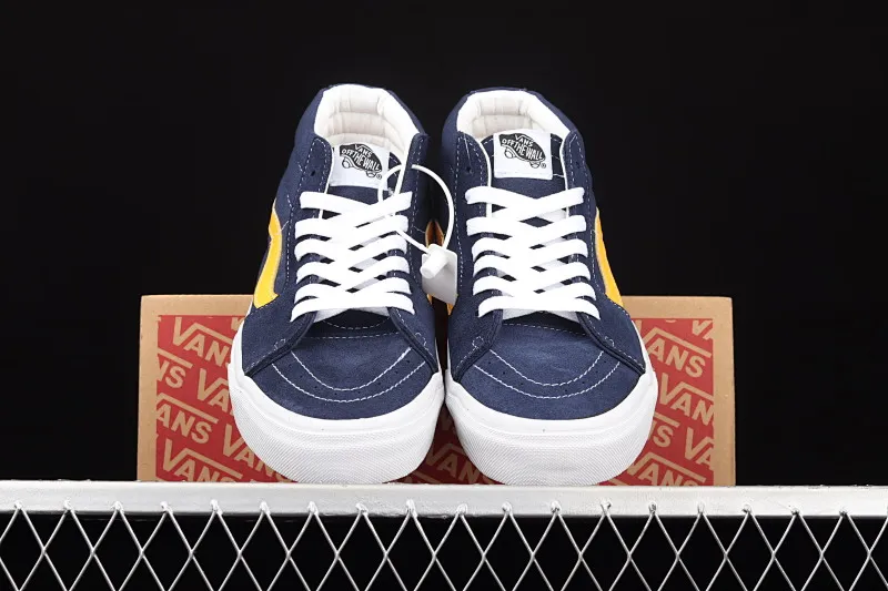 All categories Vans Vans series Vans Mid Vans China Vans Sk8-Mid blue and yellow contrast stitching mid-top retro classic canvas skateboard shoes VN0A3WM34PL